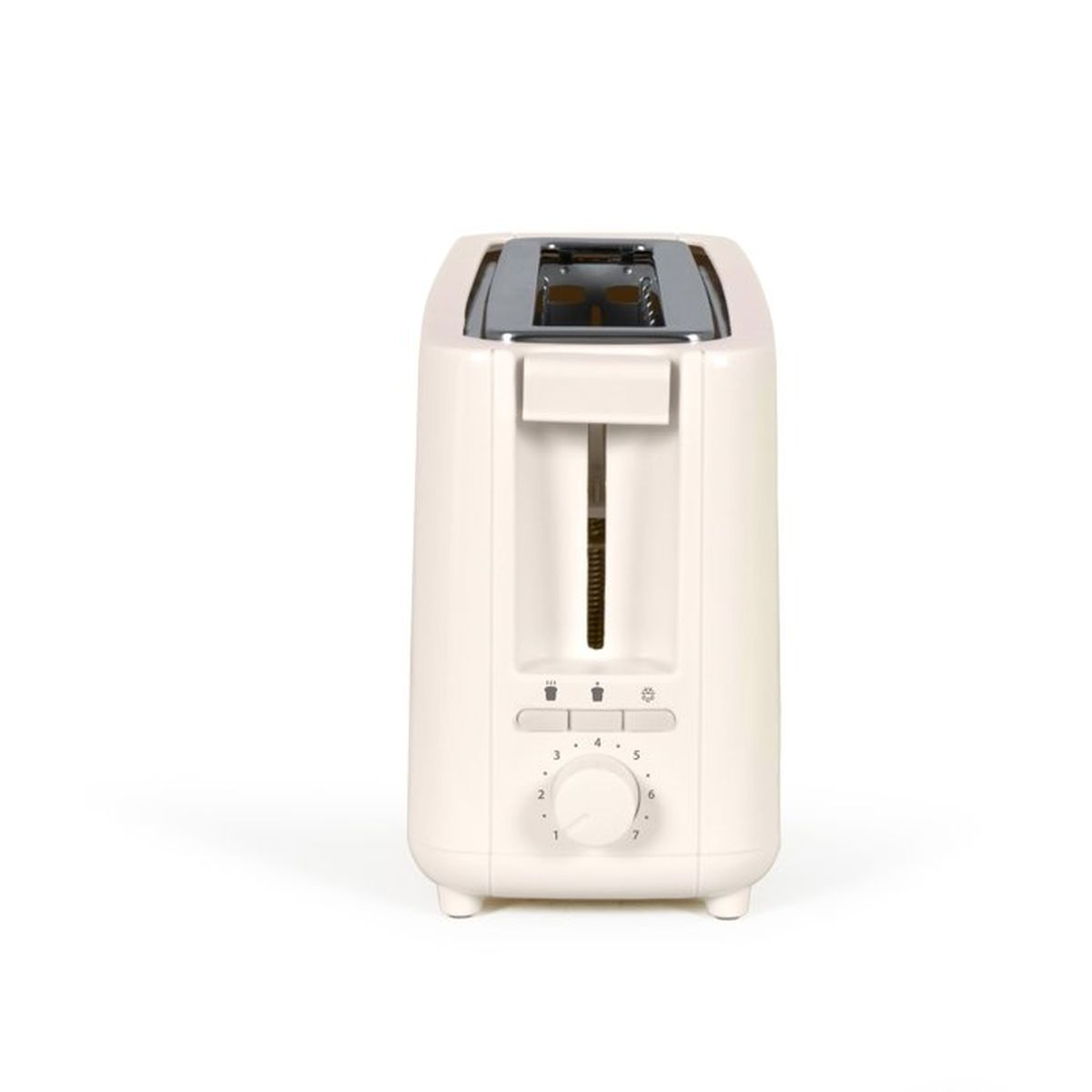 Ein cremefarbener Toaster mit zwei Schlitzen steht auf weißem Hintergrund.