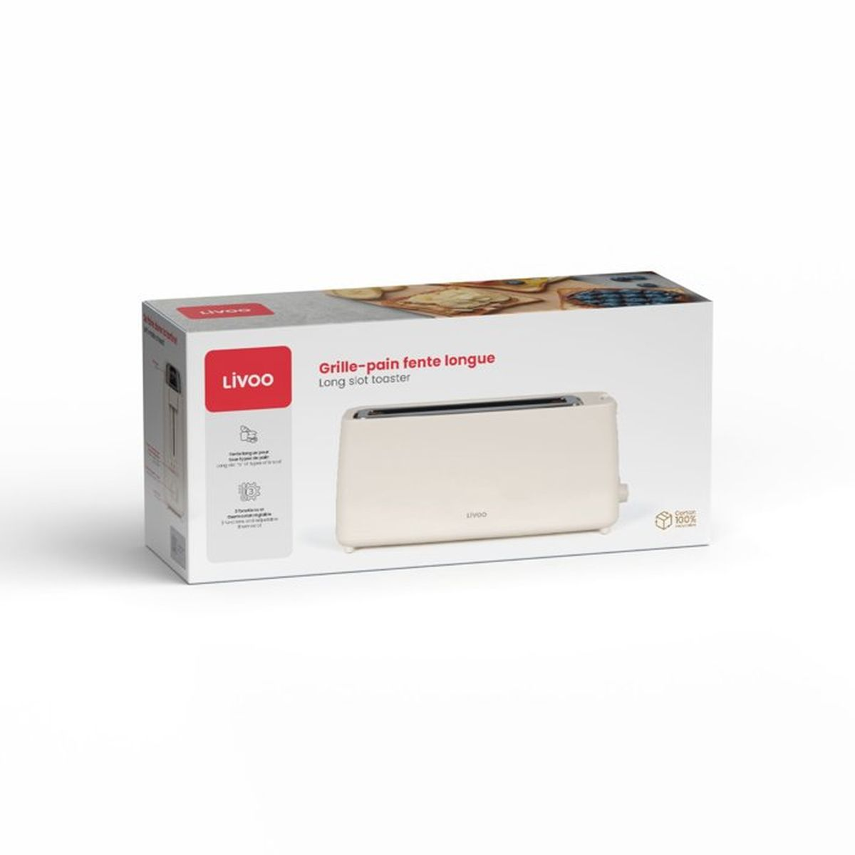 Beigefarbener Langschlitztoaster auf einer Produktverpackung mit Bild von Toast.