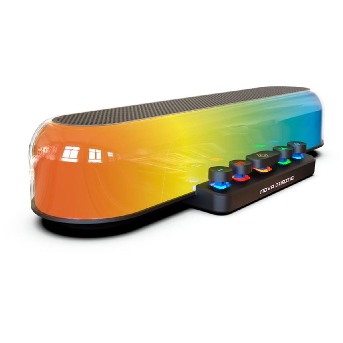 Ein schwarzes Gerät mit Regenbogen-LED-Beleuchtung und fünf beleuchteten Knöpfen.