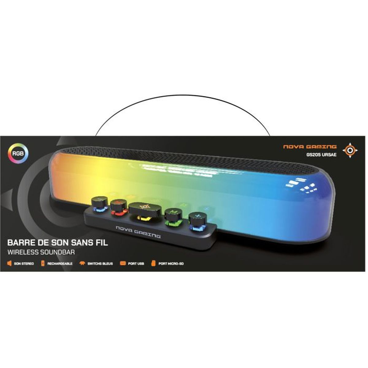 Eine Nova Gaming Soundbar mit RGB-Beleuchtung und fünf Bedienelementen.