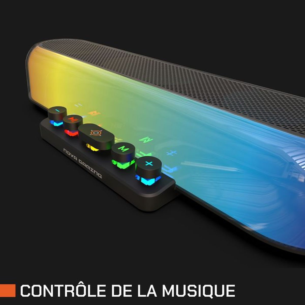 Gaming-Lautsprecher mit bunten Tasten und RGB-Beleuchtung.