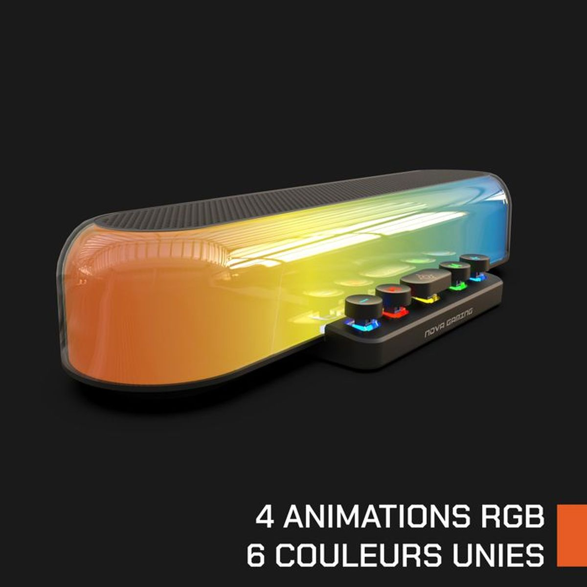 Ein schwarzes Gaming-Gerät mit RGB-Beleuchtung, das in Gelb-, Orange- und Blautönen leuchtet.