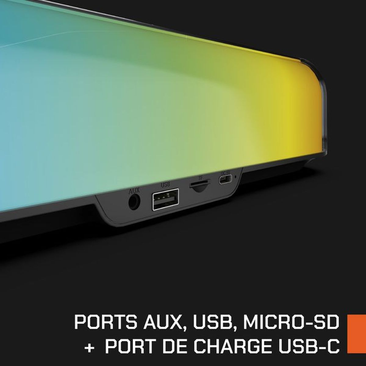 Ein Lautsprecher mit AUX-, USB-, Micro-SD- und USB-C-Ladeanschluss.