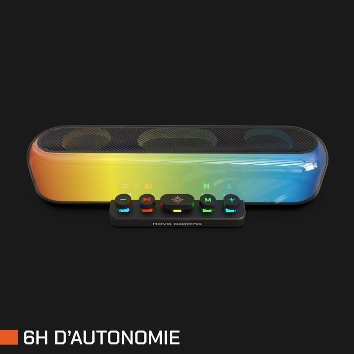 Ein leuchtender Lautsprecher mit Bedienelementen und "6H AUTONOMIE"-Text.
