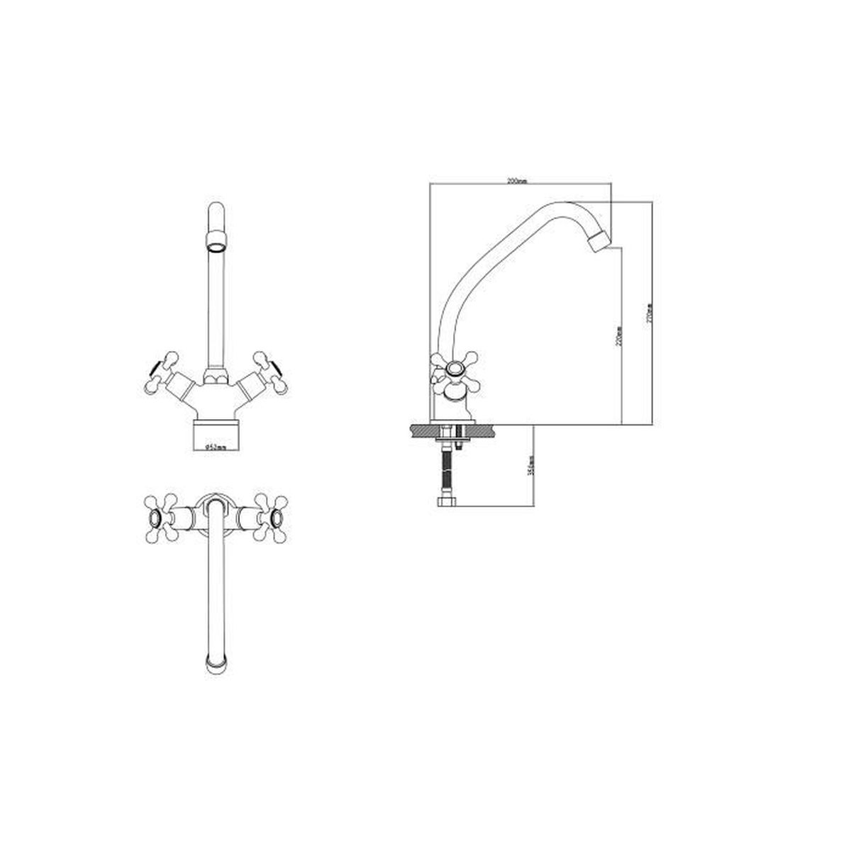 Disegno tecnico di un rubinetto con dimensioni.