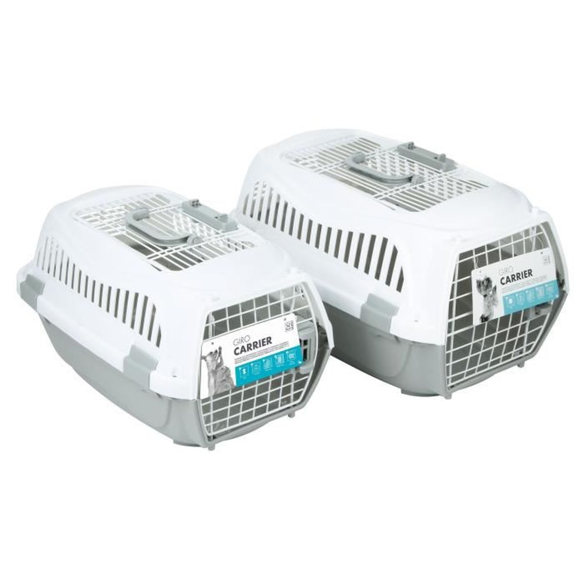 Dos transportines blancos y grises de diferentes tamaños con ranuras de ventilación.