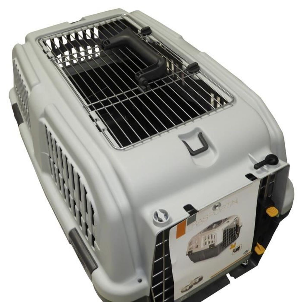 Transportín gris para mascotas con rejilla y asa.