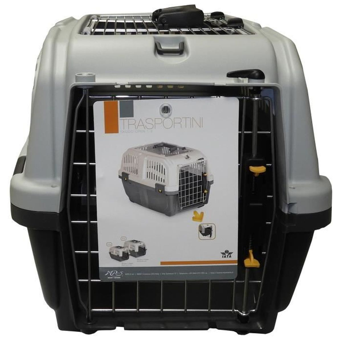 Un transportín para perros gris y negro con imagen de producto y cierres.