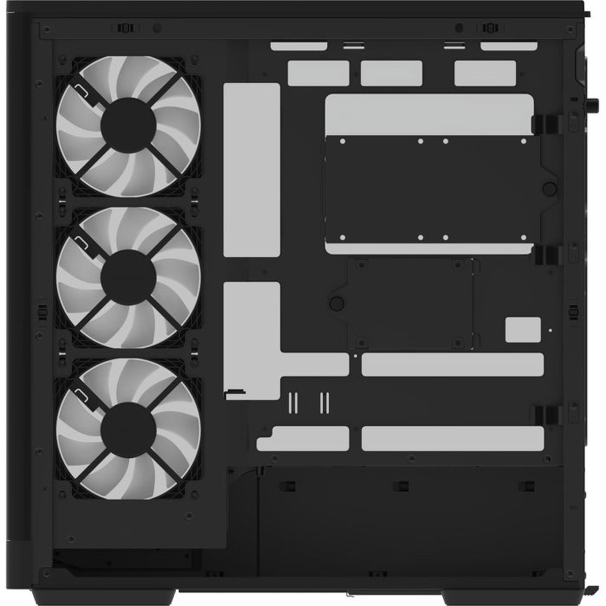 Das Innere eines schwarzen Computergehäuses mit drei Lüftern links und Montagepunkten rechts.