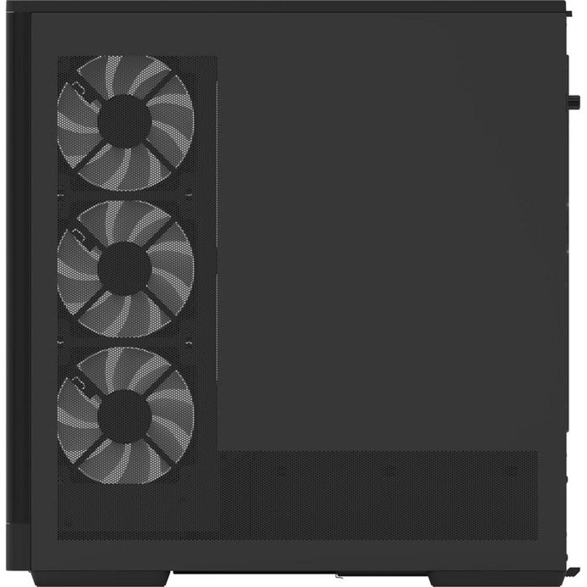 Schwarzer Computerturm mit drei Lüftern links, vordere Netzblende.