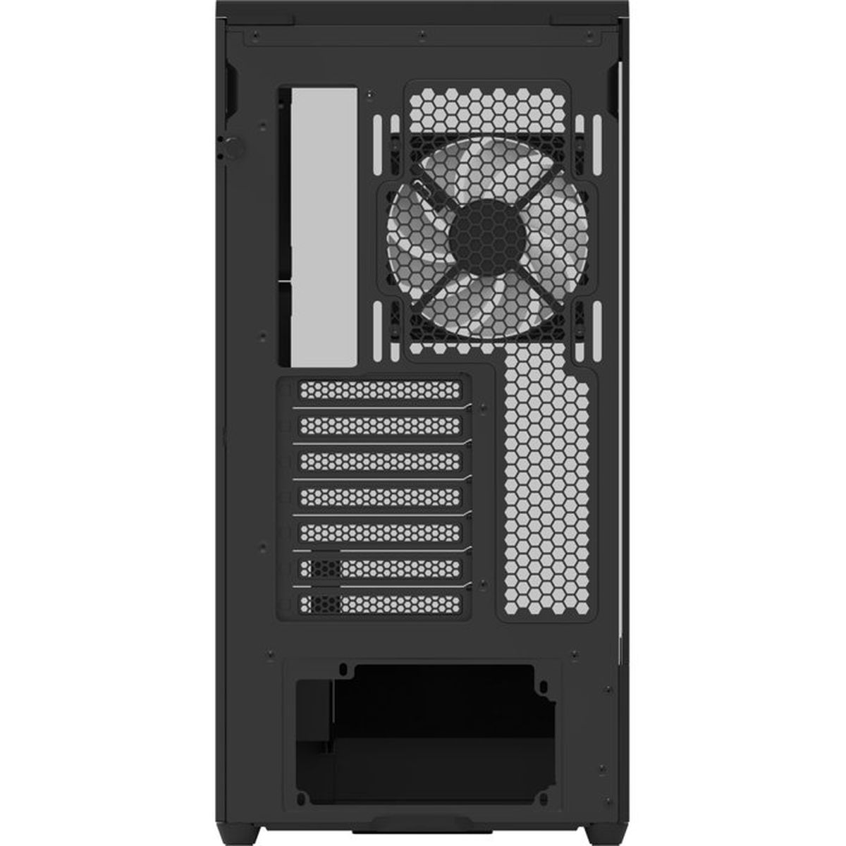 Rückansicht eines schwarzen Computerturms mit Lüfter und Lüftungsschlitzen.