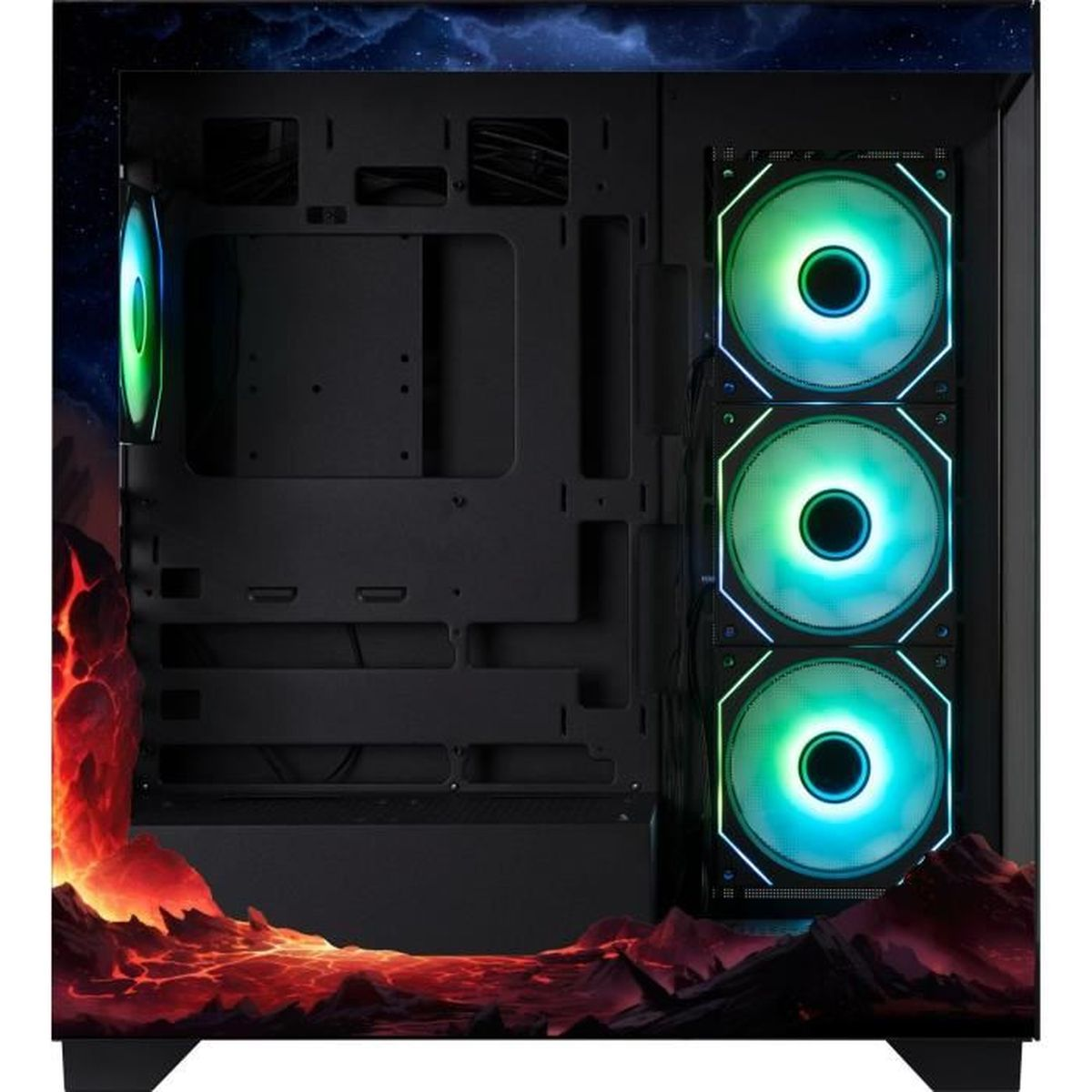 Ein schwarzes Computergehäuse mit glühenden Lüftern und einer Lavalandchaft.