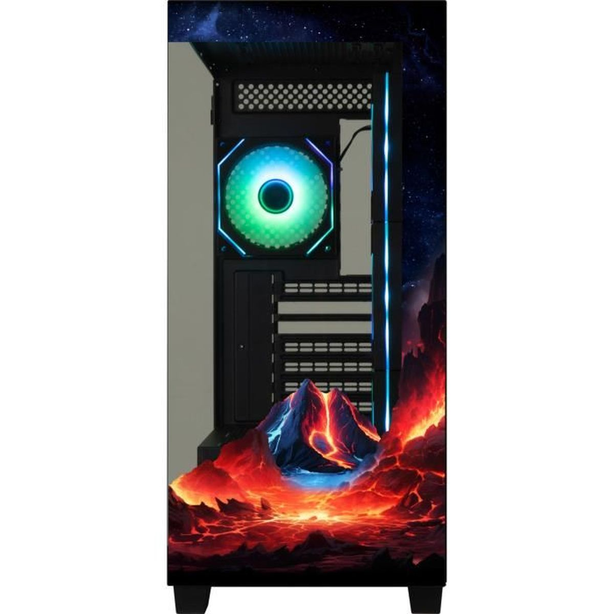Ein PC-Gehäuse mit einem vulkanischen Design und RGB-Lüfter.