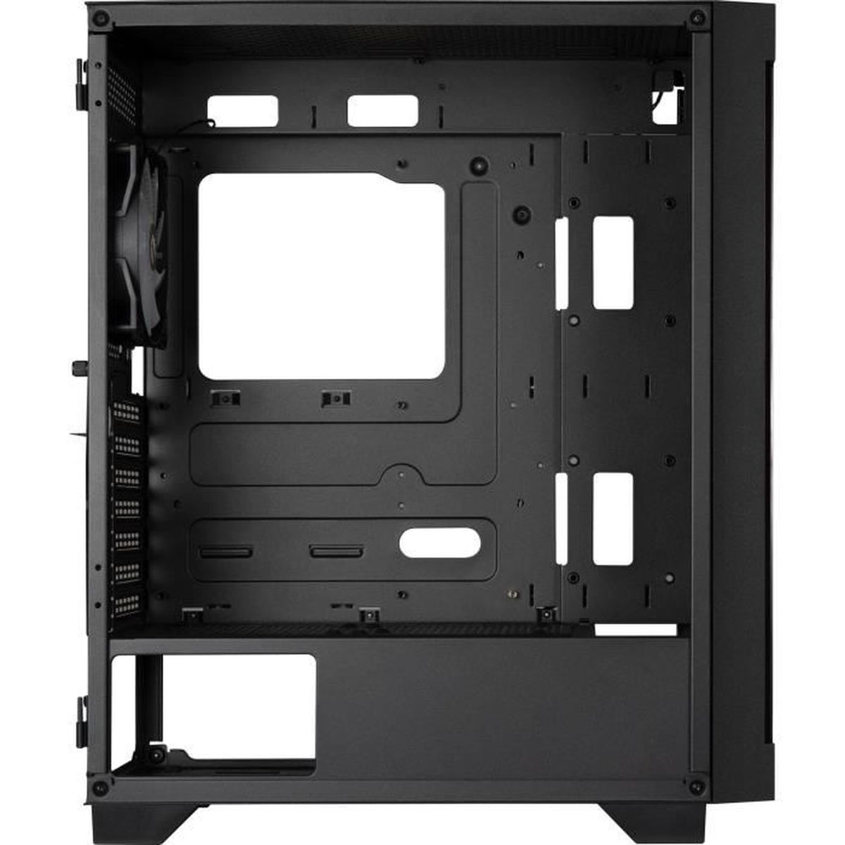Interno vuoto di case PC nero con ventola e punti di montaggio.