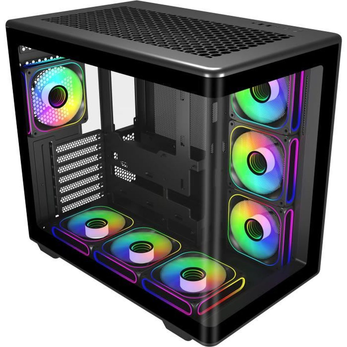 Ein schwarzes Computergehäuse mit durchsichtigen Seiten und RGB-Lüftern.