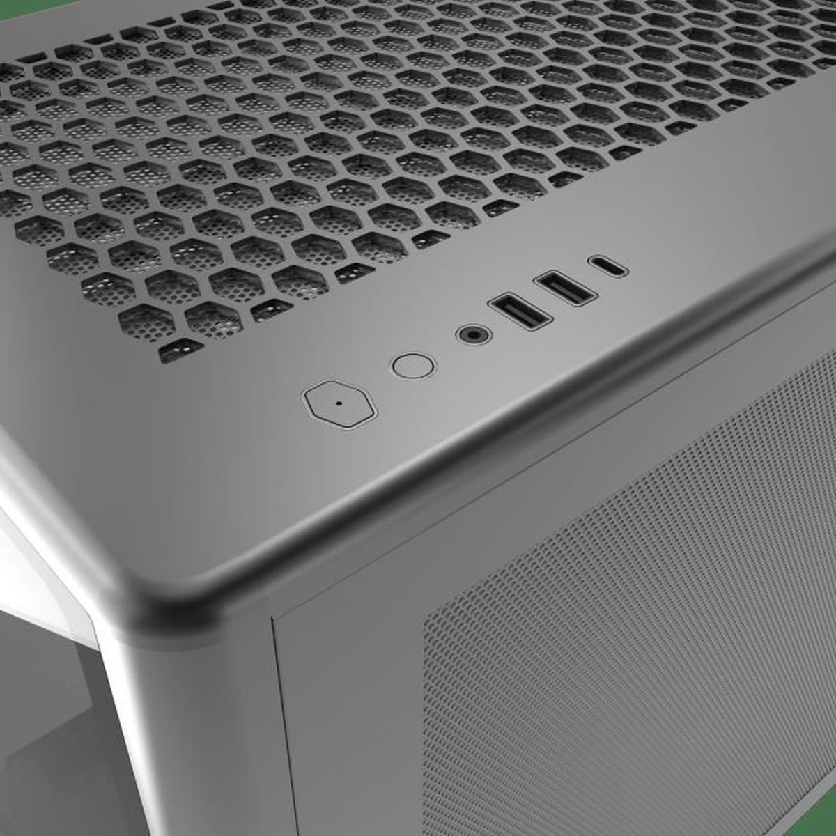 Case PC grigio con parte superiore a nido d'ape e porte.