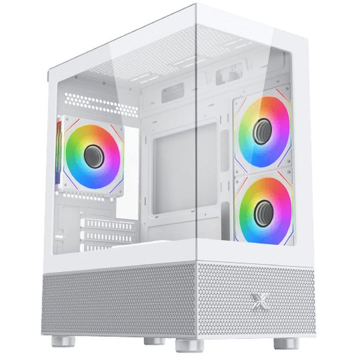 Ein weißes PC-Gehäuse mit RGB-Lüftern und Glasfront.