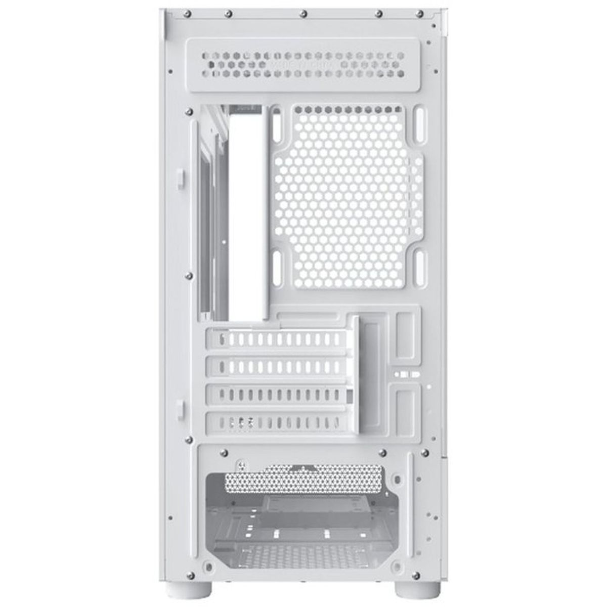Weißes Computergehäuse-Interieur. Verfügt über Lüftungsgitter und Befestigungspunkte für Komponenten.