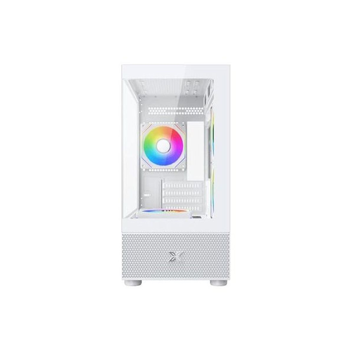 Ein weißes Computergehäuse mit RGB-Lüfter und Mesh-Front.