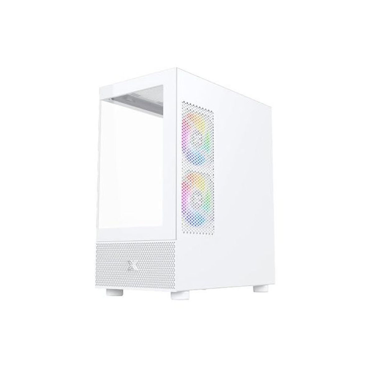 Ein weißes Computergehäuse mit Glasfront und RGB-Lüftern.