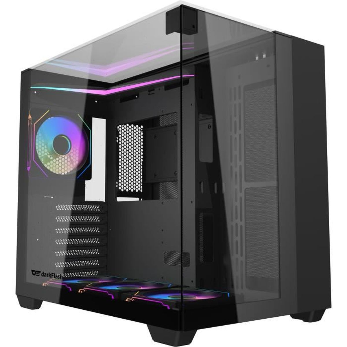 Case PC nero con frontale in vetro e ventole RGB.