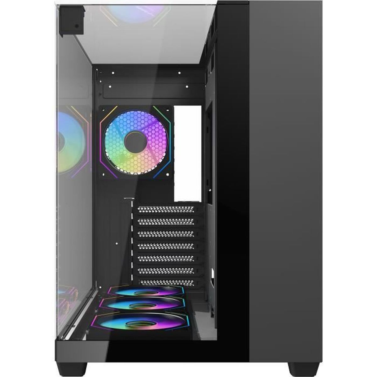 Un case per PC con frontale in vetro e ventole RGB davanti e sopra.