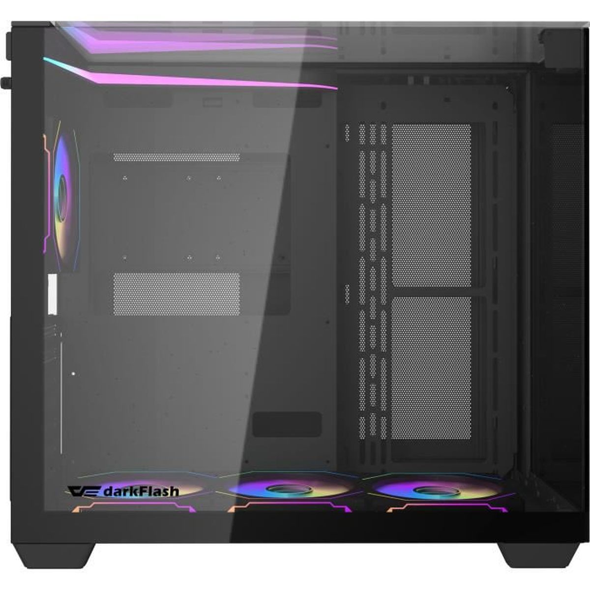 Un case PC nero con pannello laterale in vetro che mostra ventole e illuminazione RGB.