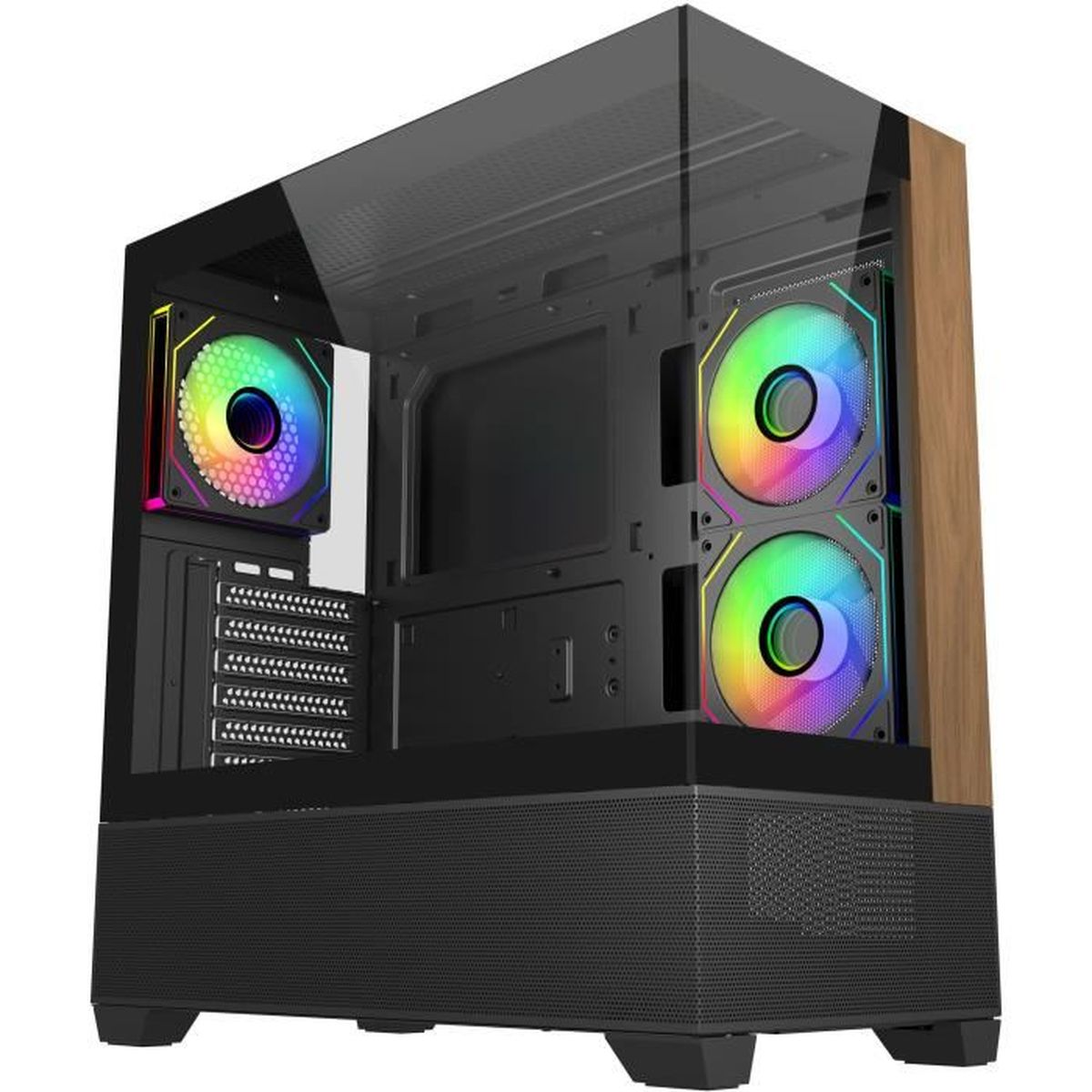 Ein PC-Gehäuse mit Glasfront, Holzseitenwand und bunten RGB-Lüftern.