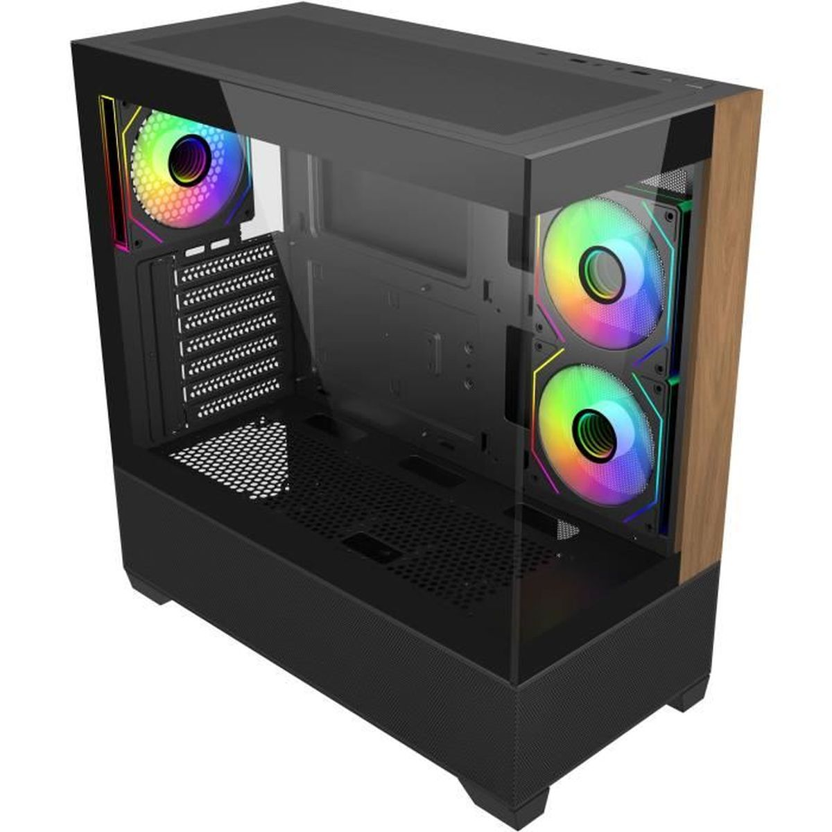 Ein schwarzes PC-Gehäuse mit Glasfront und Holzakzenten, beleuchtet von RGB-Lüftern.