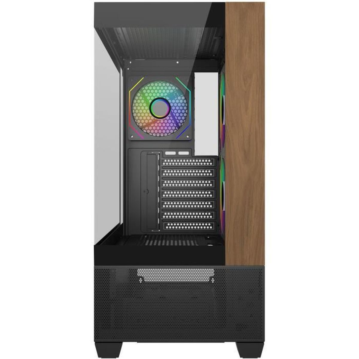 Ein schwarzer PC-Gehäuse mit Glasfront, Lüftern und Holzverkleidung.