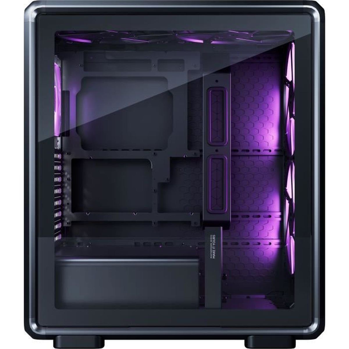 Schwarzes Computergehäuse mit Glaseinsatz und violetter Beleuchtung.