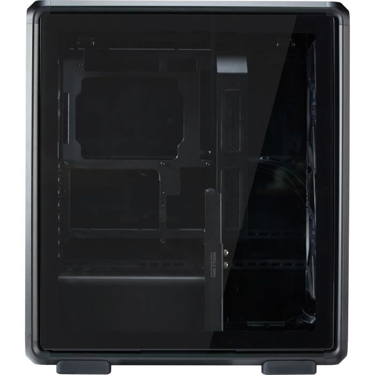 Ein schwarzes Computergehäuse mit Glasfront und silbernem Rahmen.
