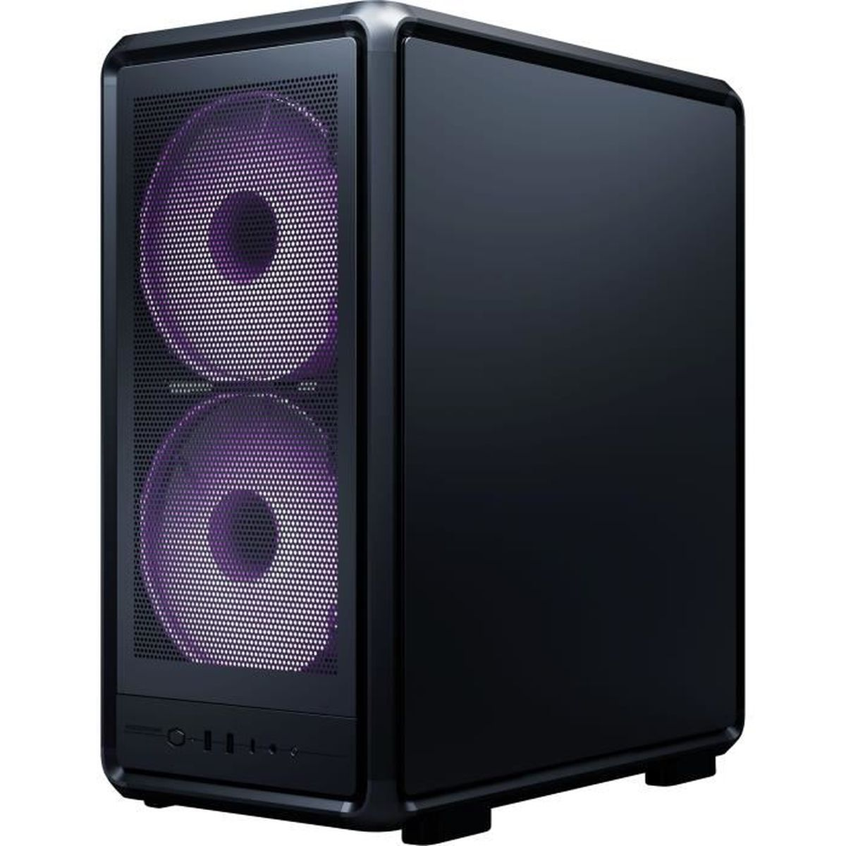 Schwarzes PC-Gehäuse mit zwei beleuchteten violetten Lüftern vorne.