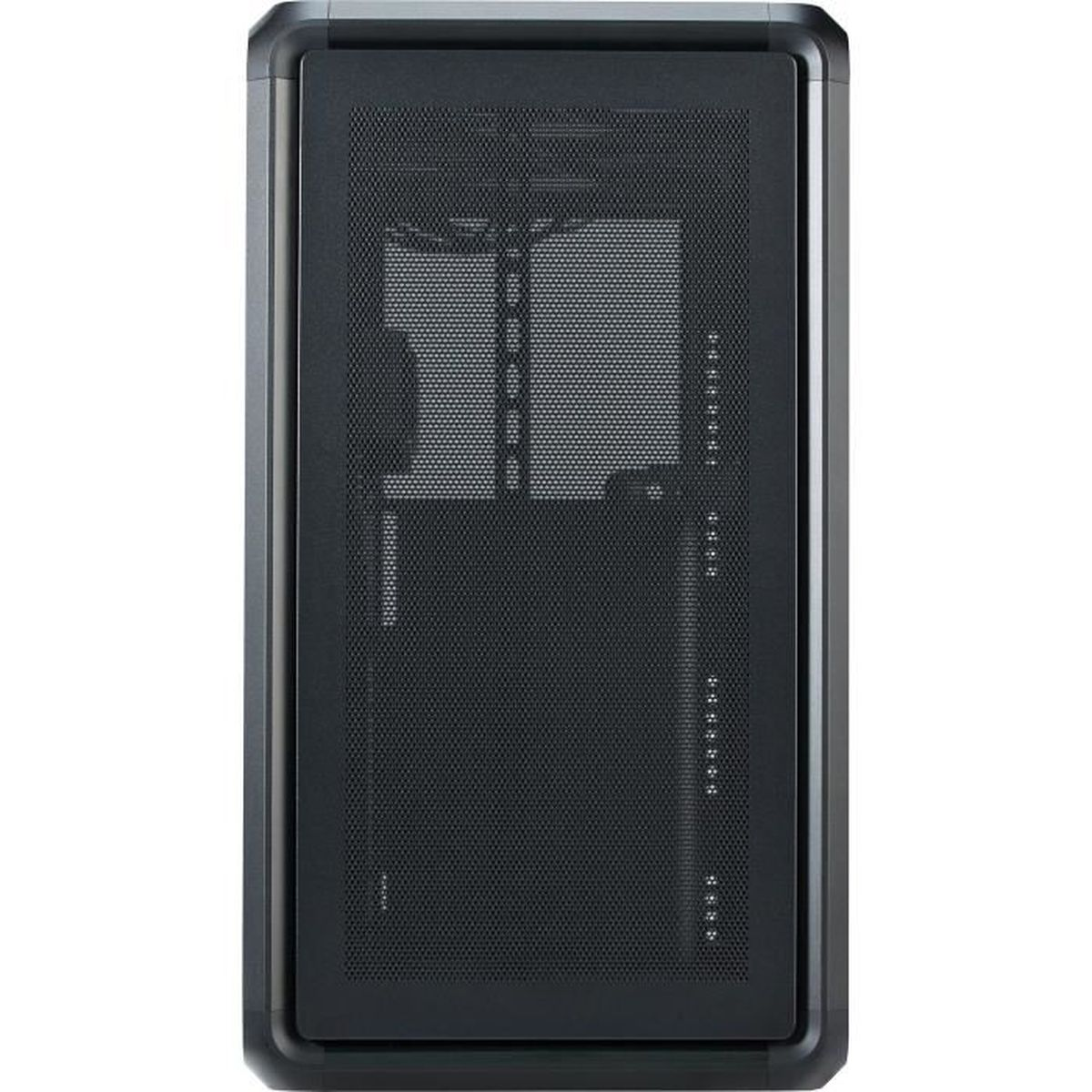 Ein schwarzes Computergehäuse mit Netzfront und Seitenfenster.