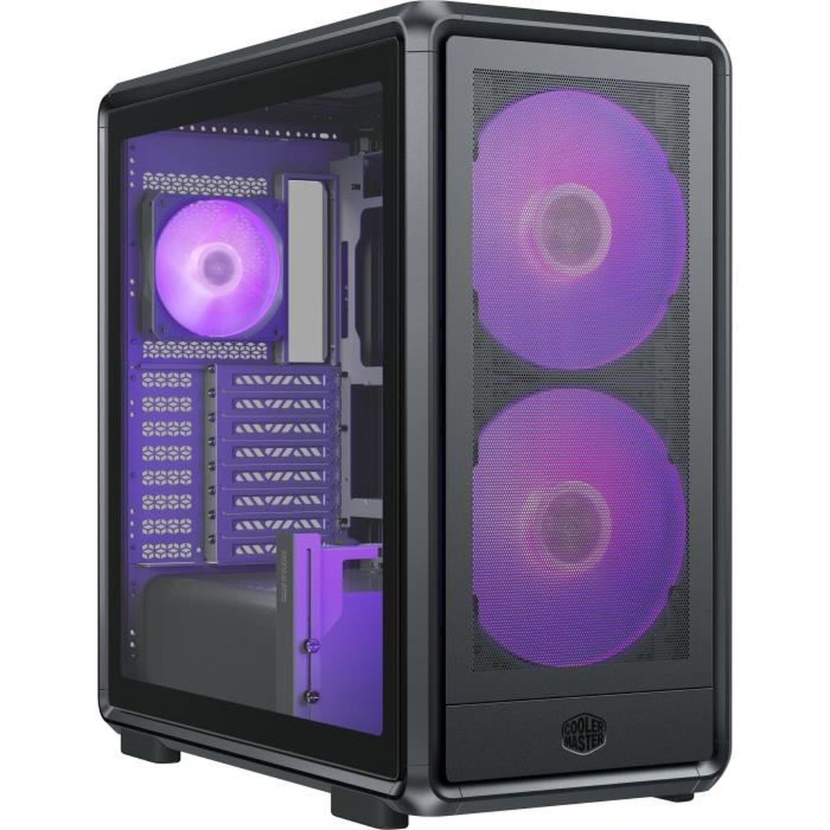 Un case per PC nero con ventole LED viola e pannello laterale in vetro.