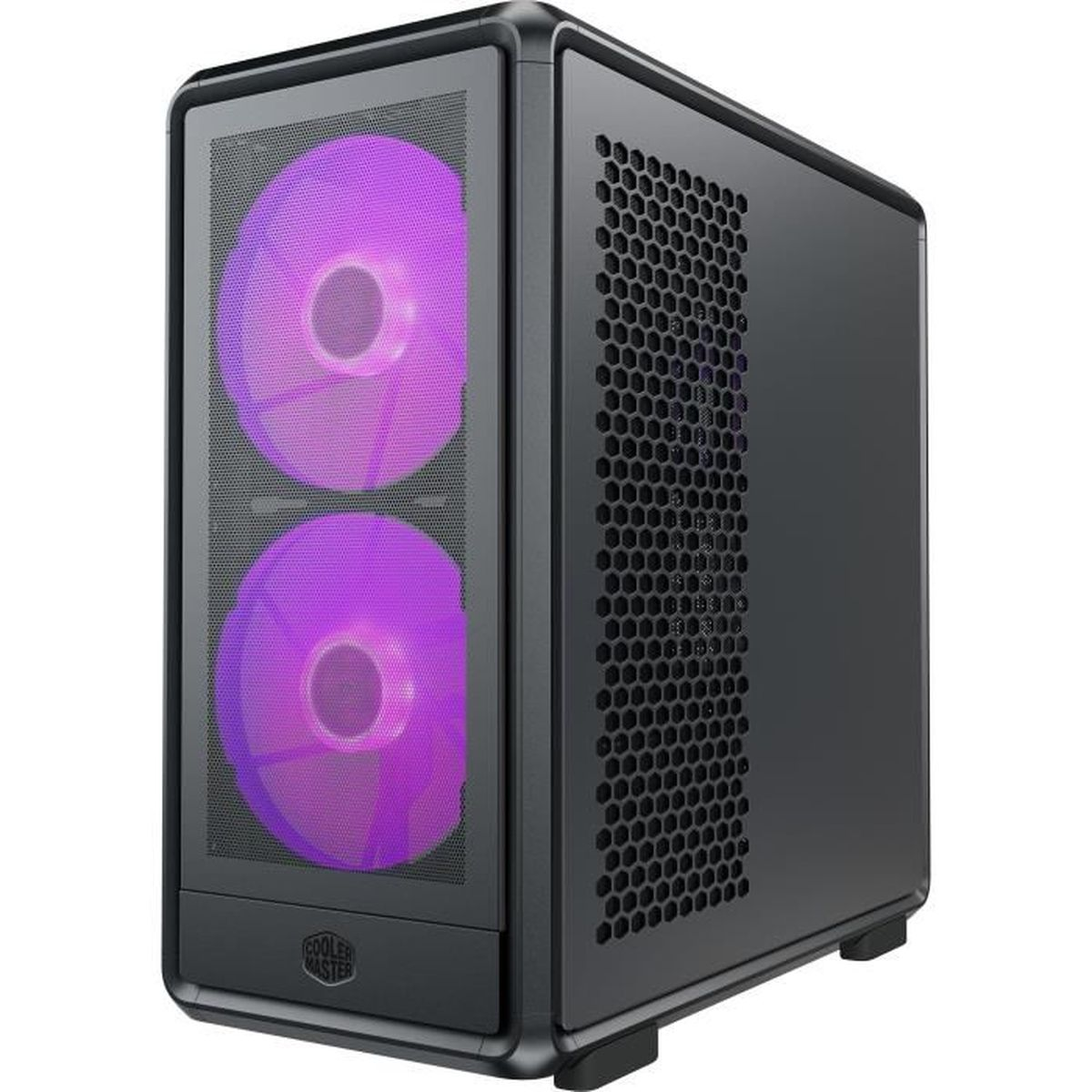 Case del computer nero con due ventole viola sul davanti.