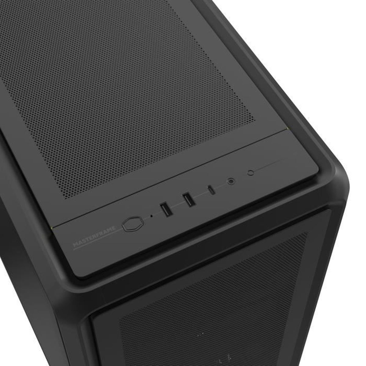 Case del computer nero con pulsante di accensione, porte USB e griglia di ventilazione.