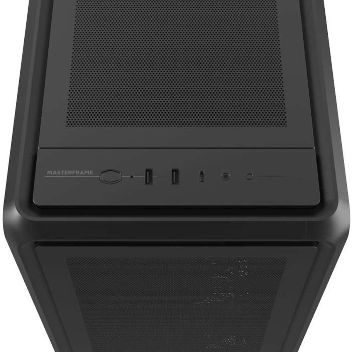 Case PC nero con griglia di ventilazione e porte anteriori.