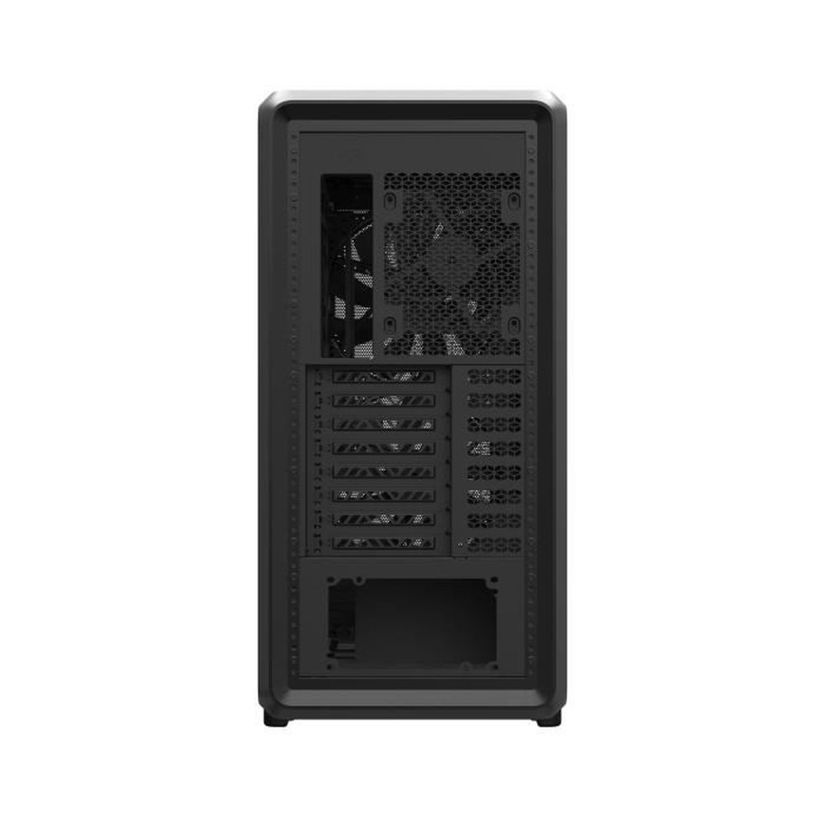 Vista posteriore di un case per computer nero con fessure di ventilazione e porte.