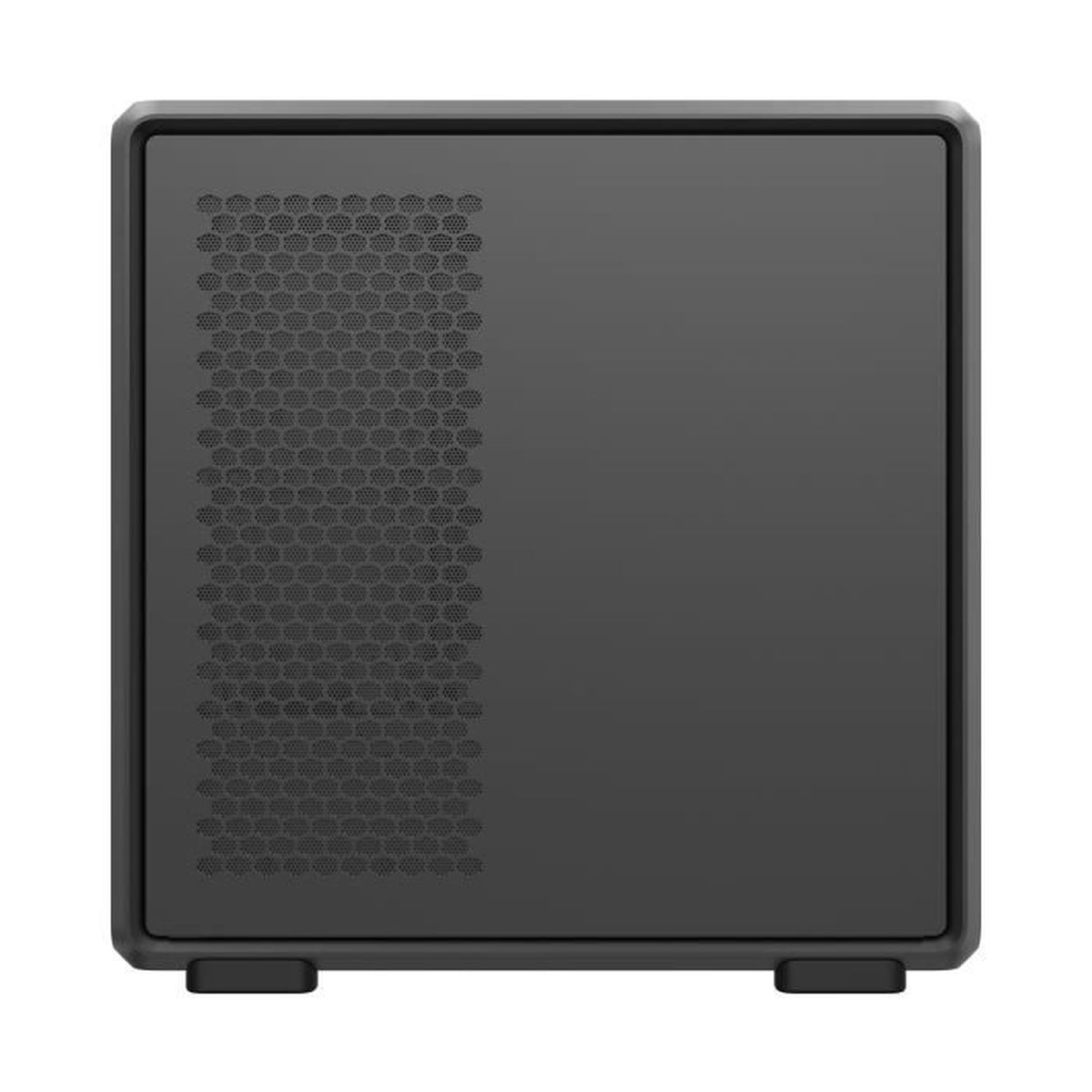 Un case per computer nero con ventilazione a nido d'ape a sinistra e superficie liscia a destra.