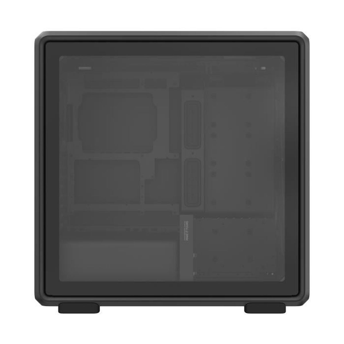 Case del computer nero con pannello in vetro oscurato e scritta argentata.