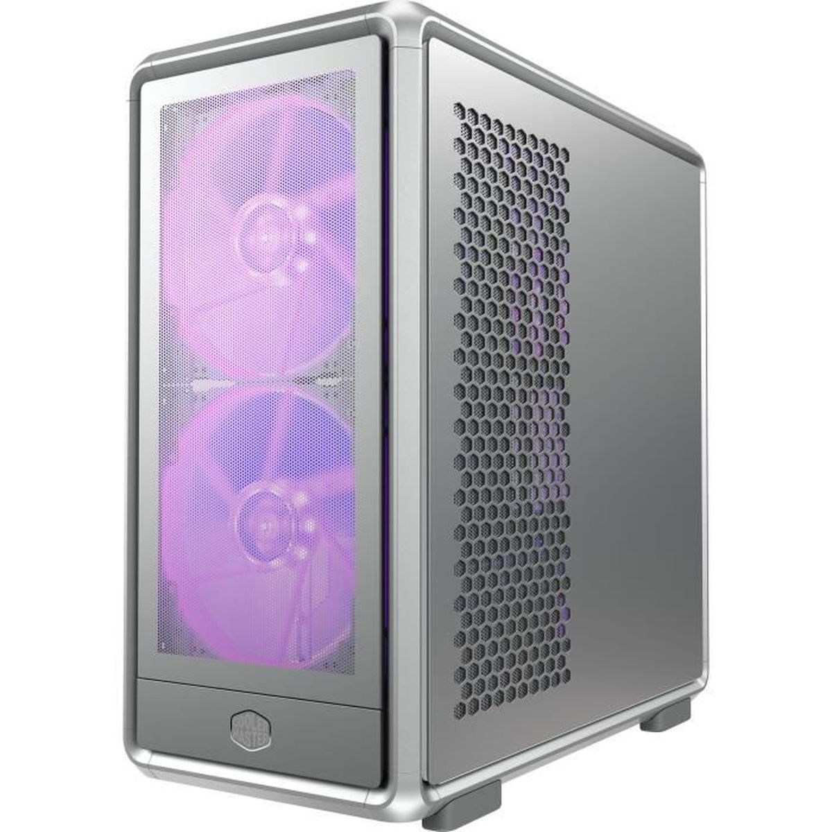Case PC argentato con frontale in mesh e ventole viola.