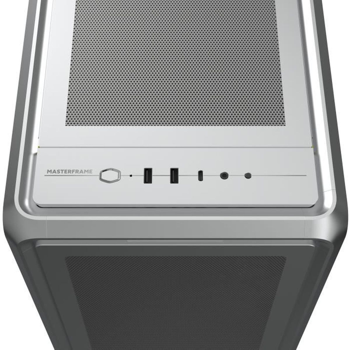 Ein silberner Computergehäuse mit Netzoberfläche und Anschlüssen.