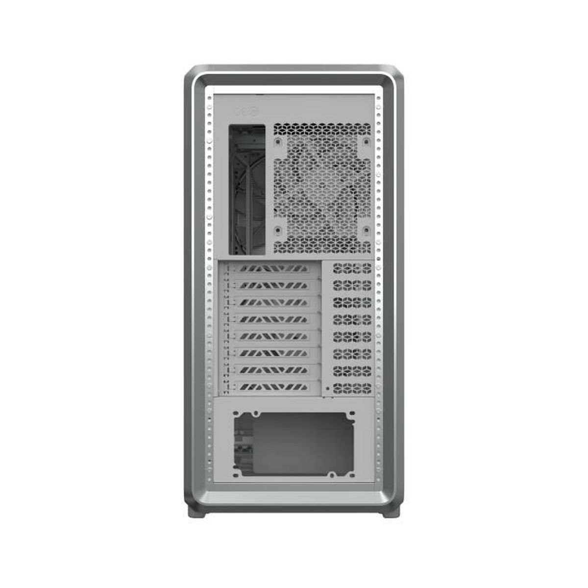 Rückseite eines schlanken, weißen Computergehäuses mit Lüftungsschlitzen und Anschlüssen.