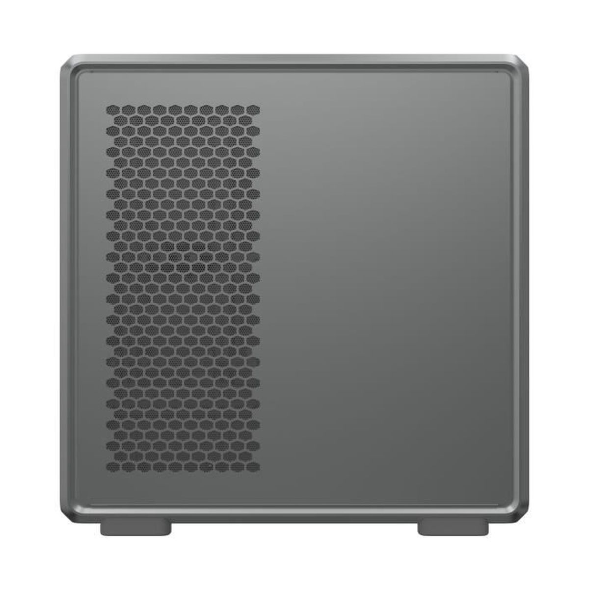 Grauer Computergehäuse mit Wabengitterlüftung auf der linken Seite.