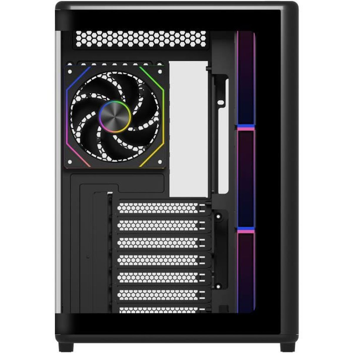 Un case per computer nero con ventola RGB e strisce luminose verticali.