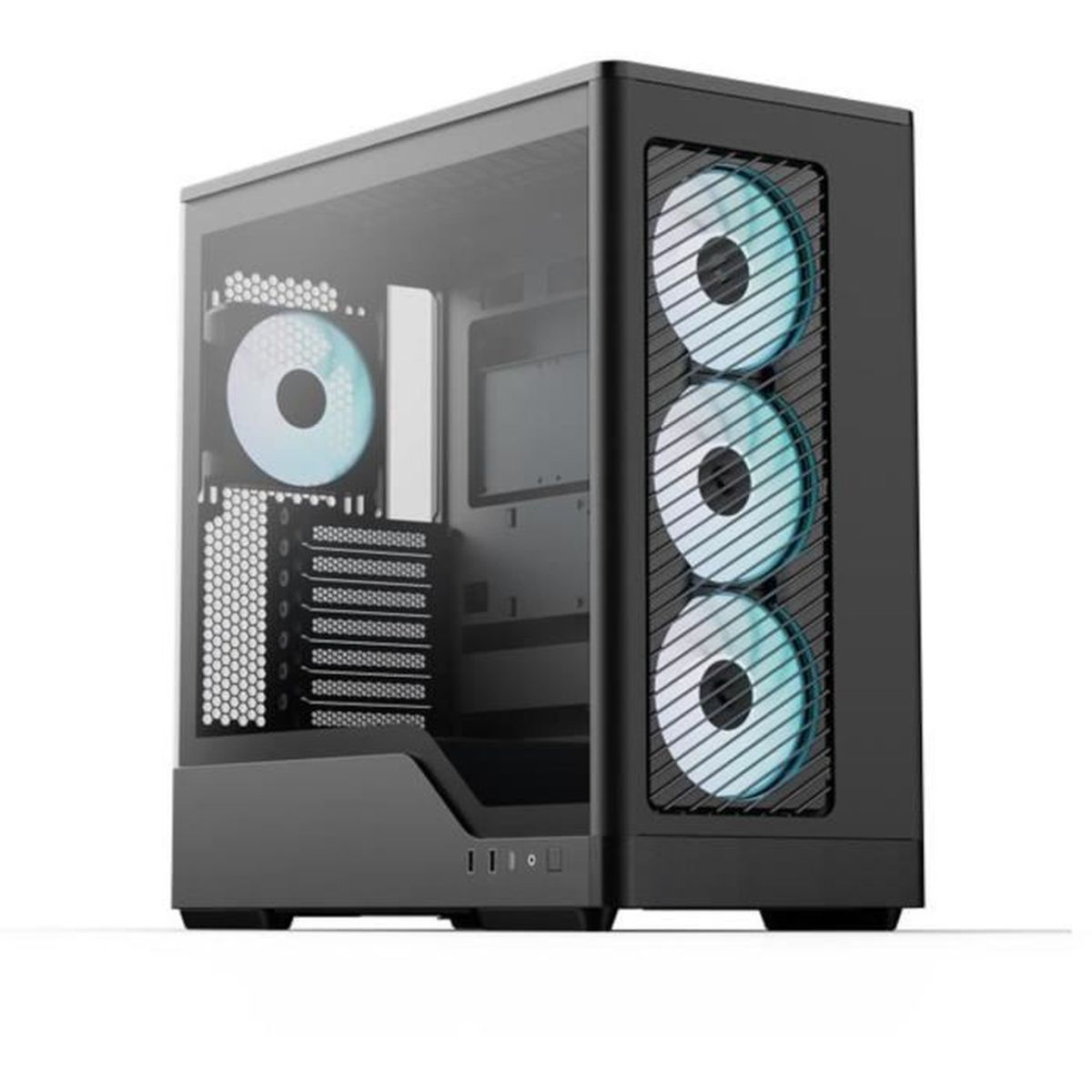 Case del computer nero con pannello laterale in vetro e tre ventole blu.