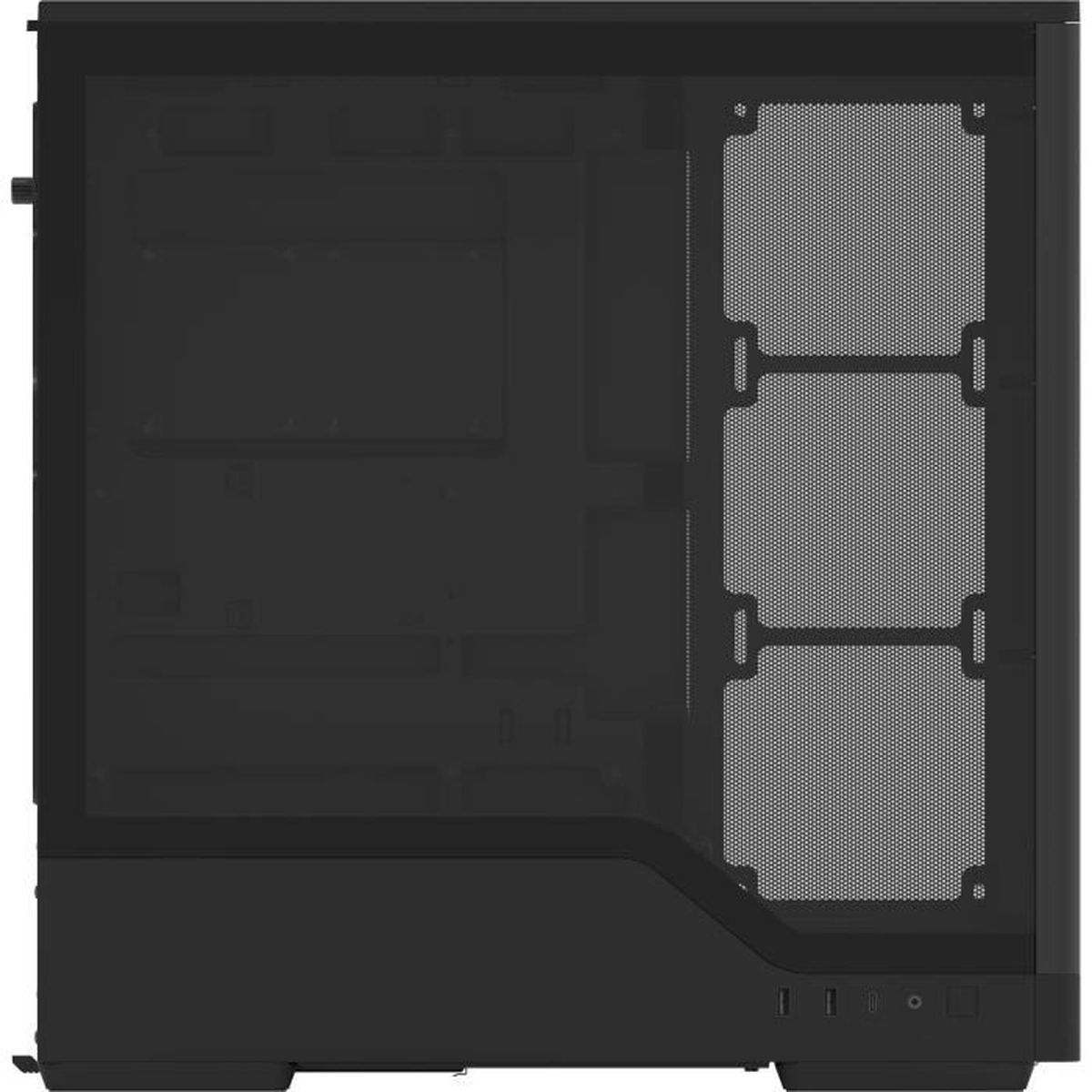 Case del computer nero con pannelli laterali in vetro e mesh.