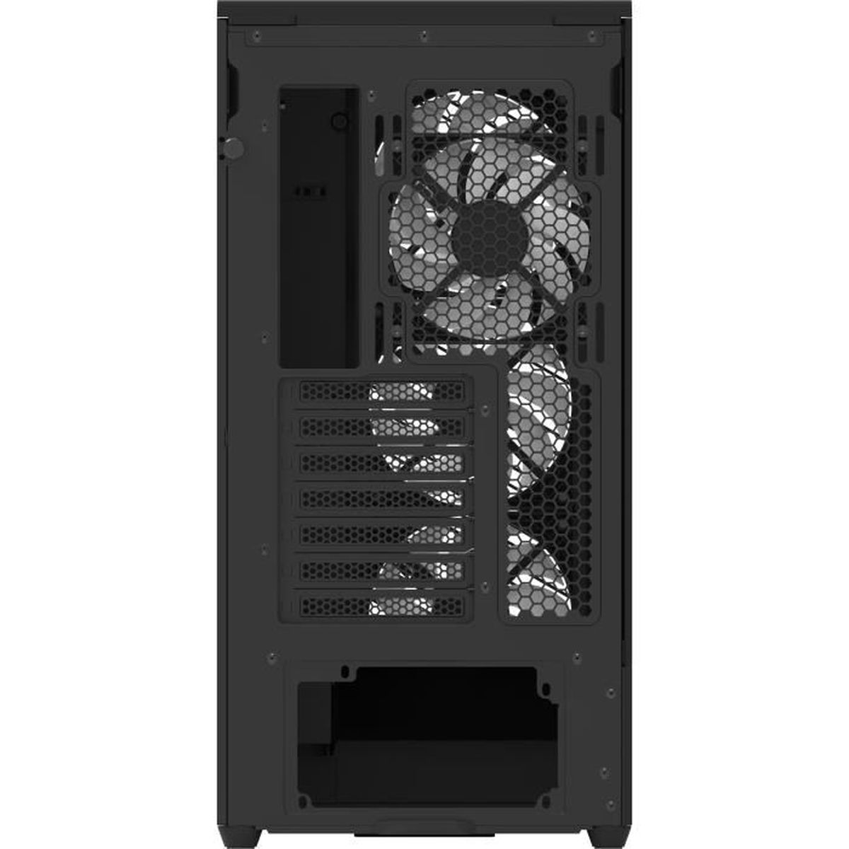 Retro di un case PC nero con ventole e slot di espansione.
