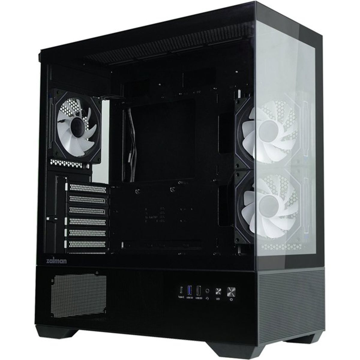 Un case per PC nero con frontale in vetro e ventole.